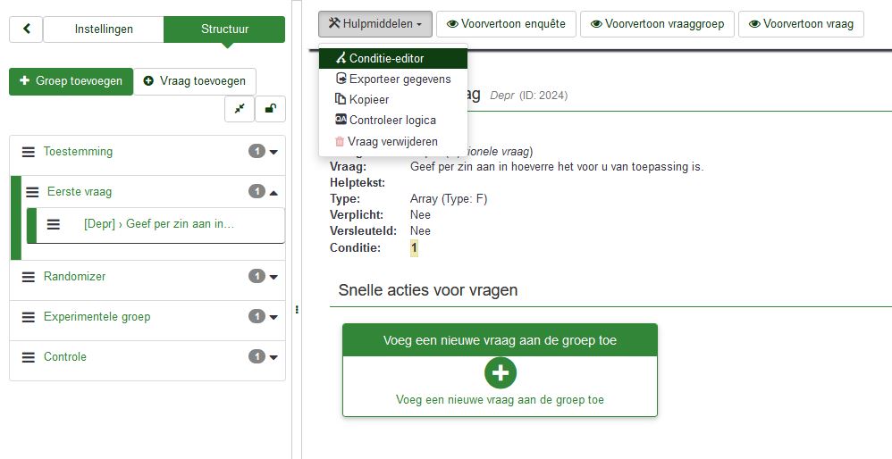 Conditie editor zit verstopt onder het dropdown menu van Hulpmiddelen.