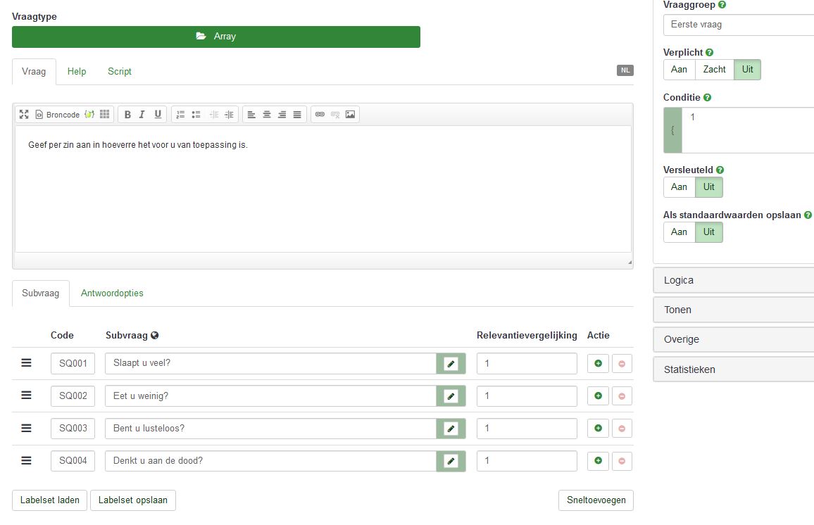 Het venster als je je subvragen wil aanpassen.